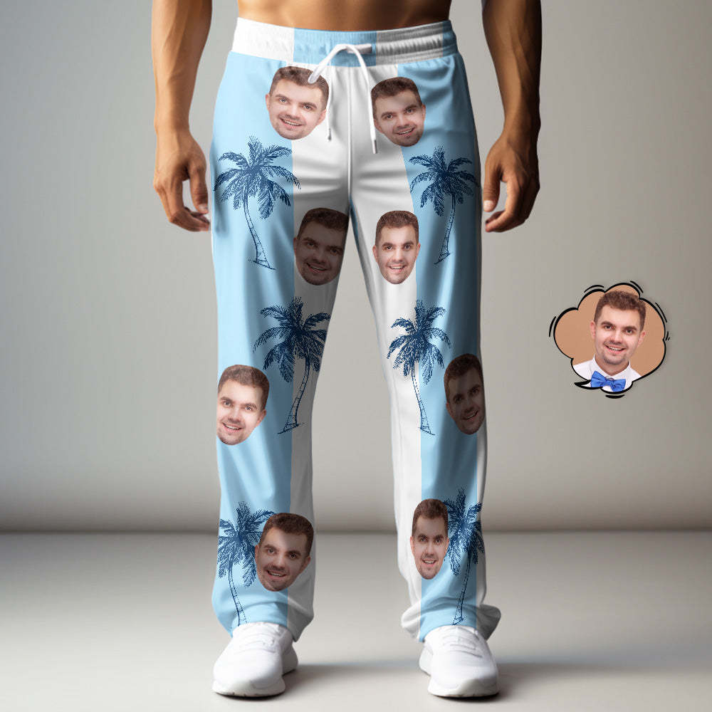 Pantalones De Chándal De Cara Personalizados Estampado De Árbol De Coco De Patchwork Azul Hawaiano - MyFaceSocksES