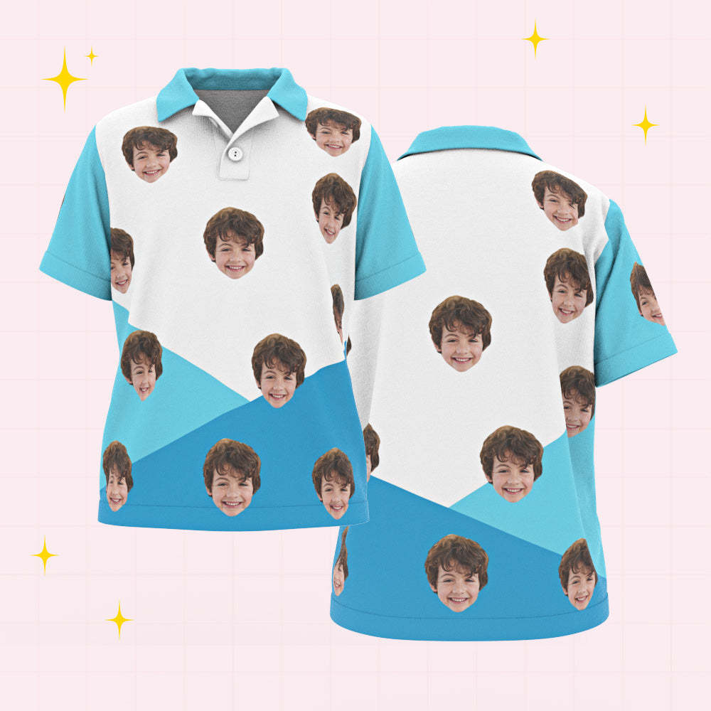 Los Polos De Encargo De Los Niños De La Cara Personalizaron El Empalme Azul Y Blanco De La Camisa De La Foto - MyFaceSocksES