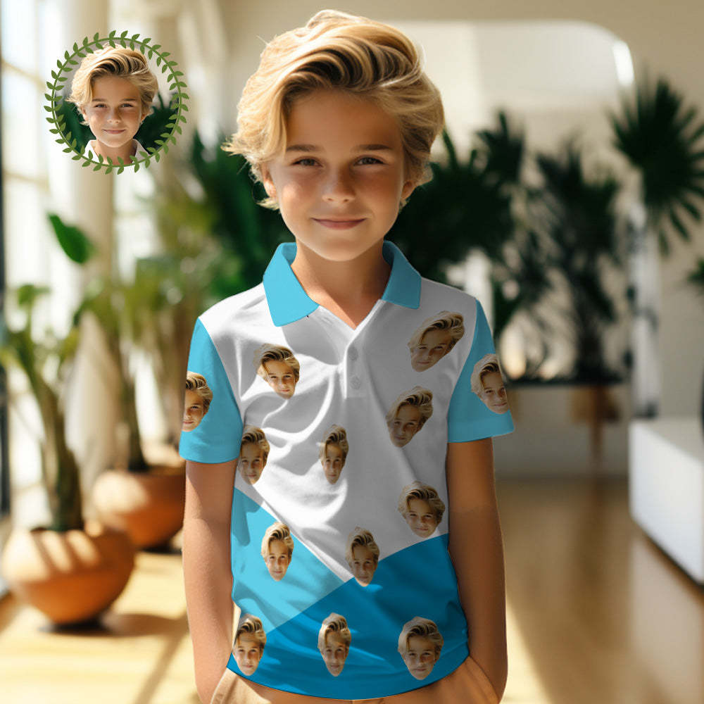 Los Polos De Encargo De Los Niños De La Cara Personalizaron El Empalme Azul Y Blanco De La Camisa De La Foto - MyFaceSocksES
