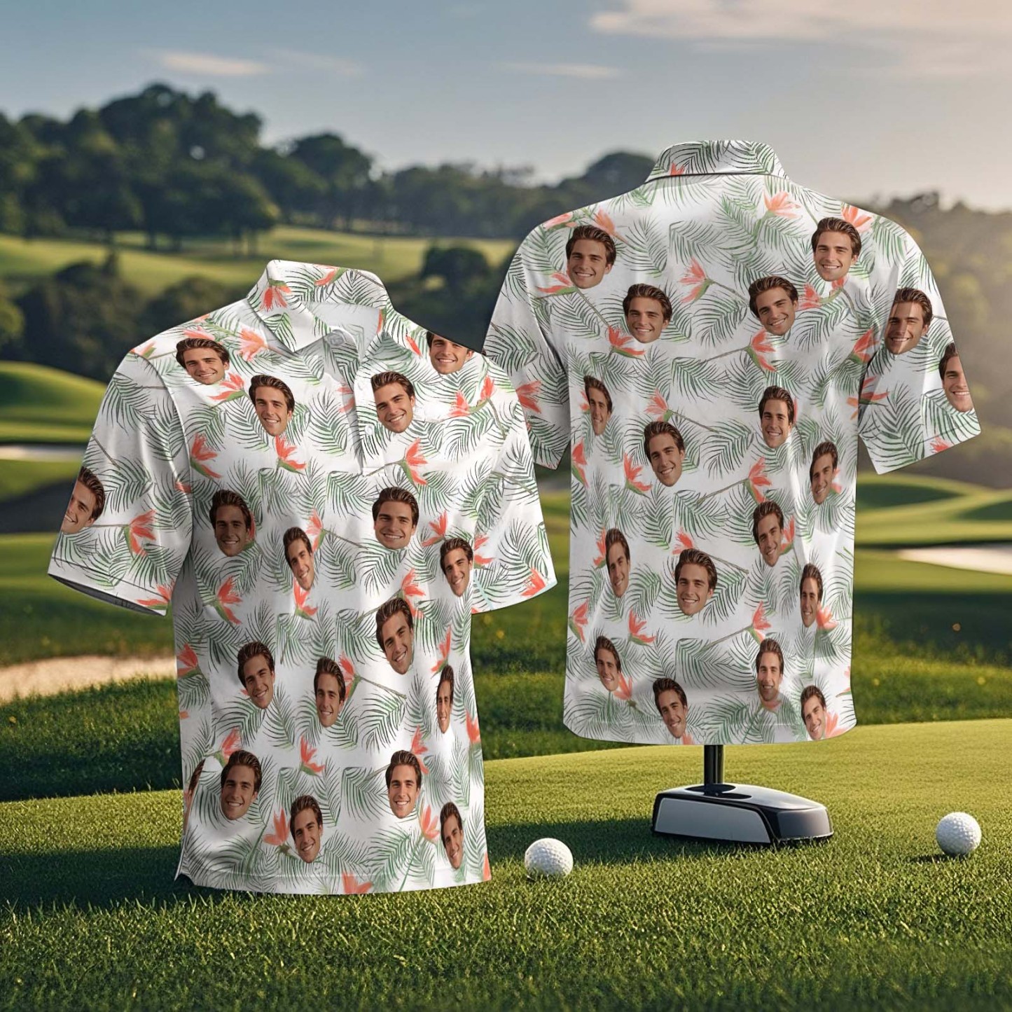 Polo Personalizado Con Cara De Golfista, Regalo Para Esposo, Camiseta De Manga Corta Verde Personalizada Con Campo De Golf. - MyFaceSocksES