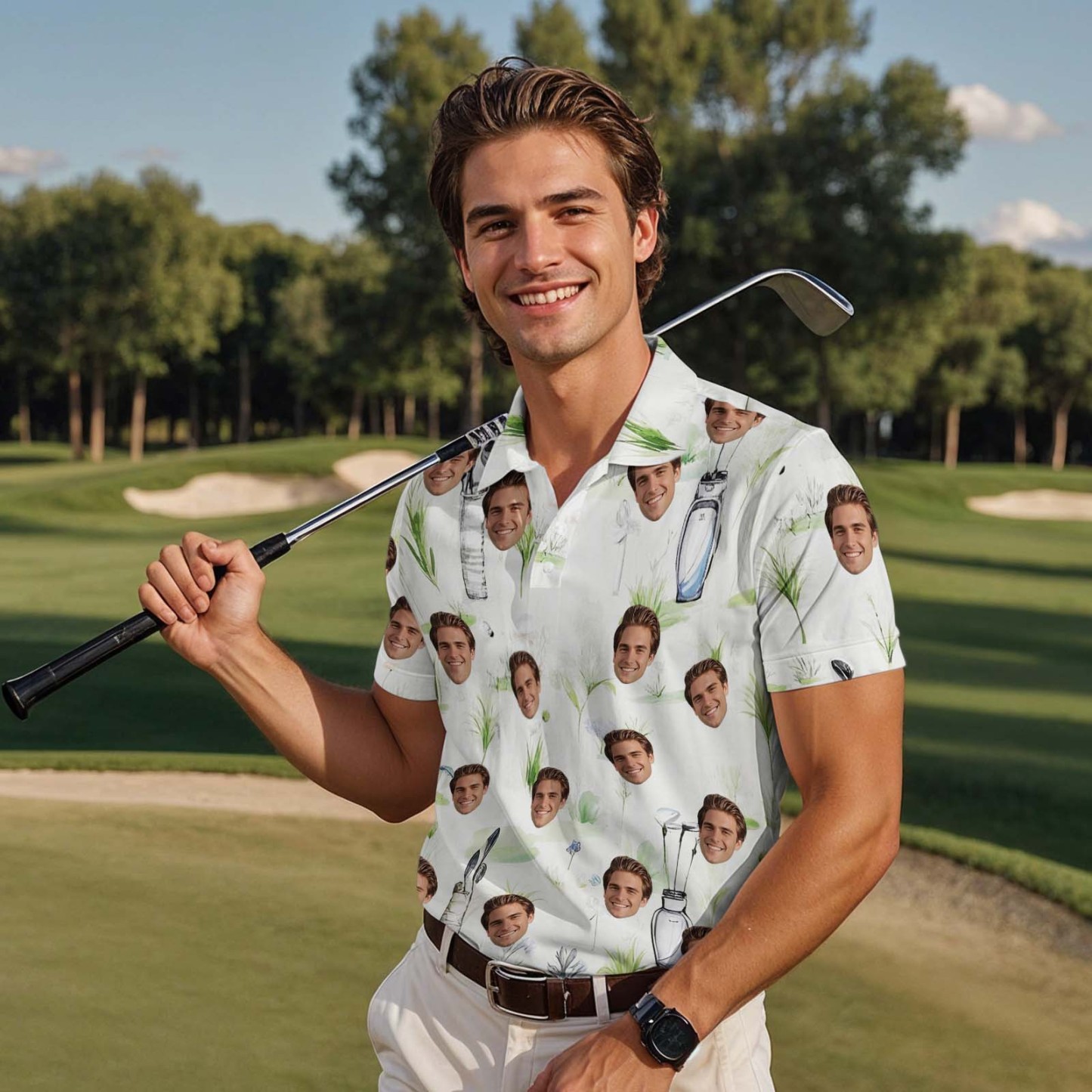 Polo Personalizado Con Cara De Golfista, Regalo Para Esposo, Camiseta De Manga Corta Verde Personalizada Con Campo De Golf. - MyFaceSocksES