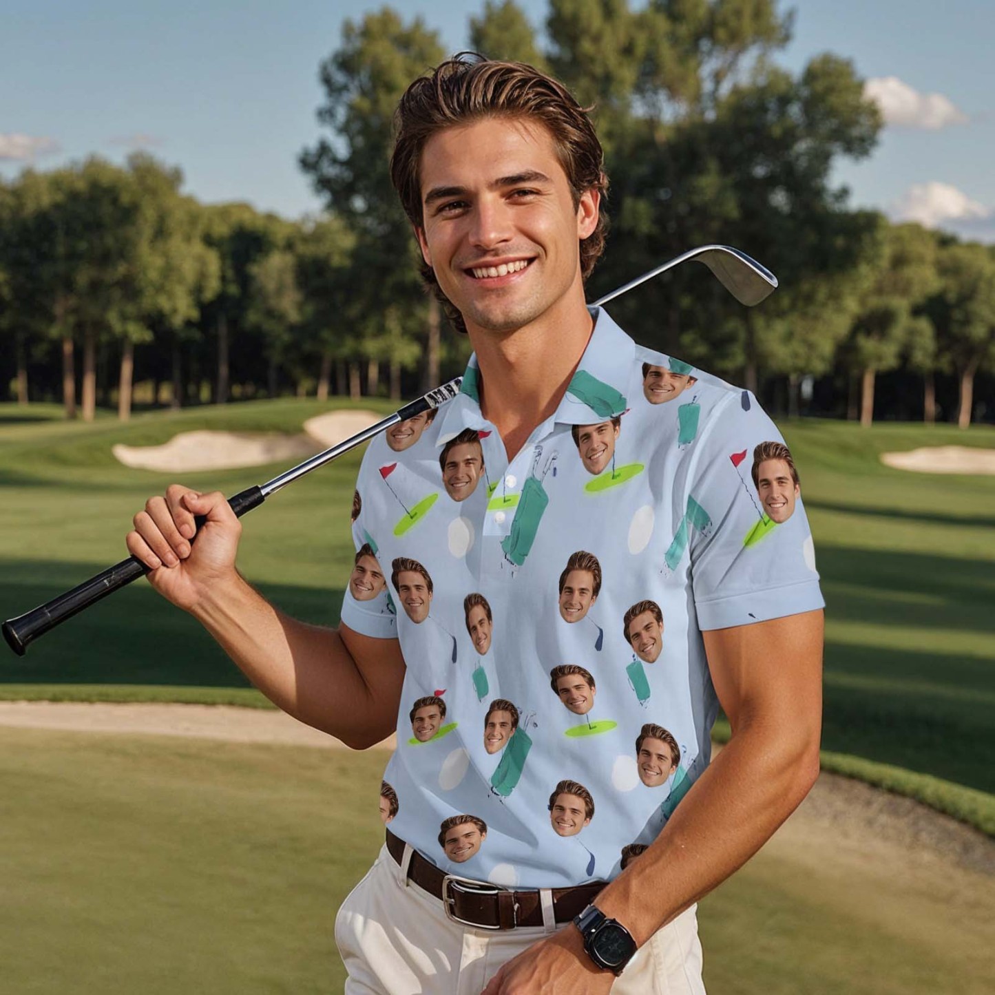 Polo Personalizado Con Cara De Golfista, Regalo Para Esposo, Camiseta De Manga Corta Verde Personalizada Con Campo De Golf. - MyFaceSocksES