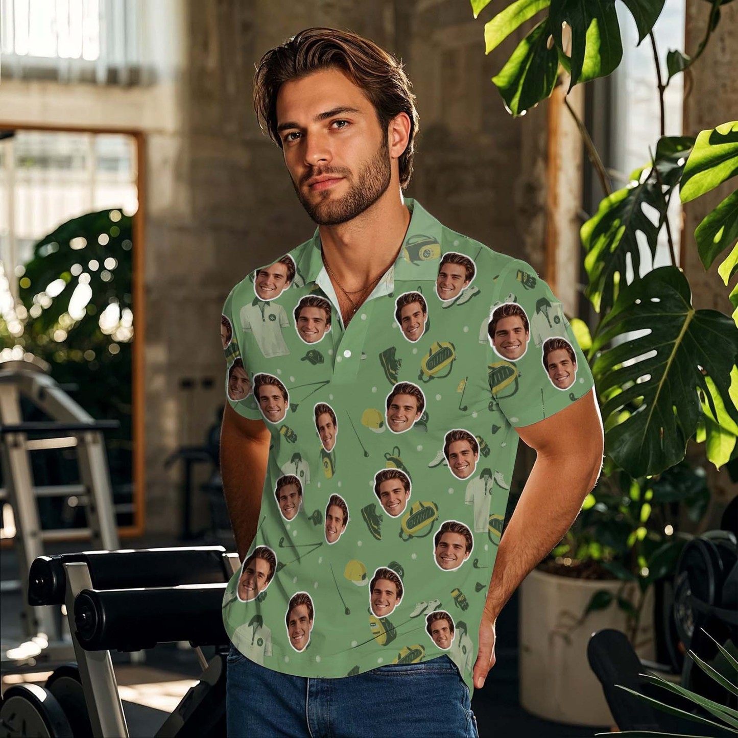 Polo Personalizado Con Cara De Golfista, Regalo Para Esposo, Camiseta De Manga Corta Verde Personalizada Con Campo De Golf. - MyFaceSocksES