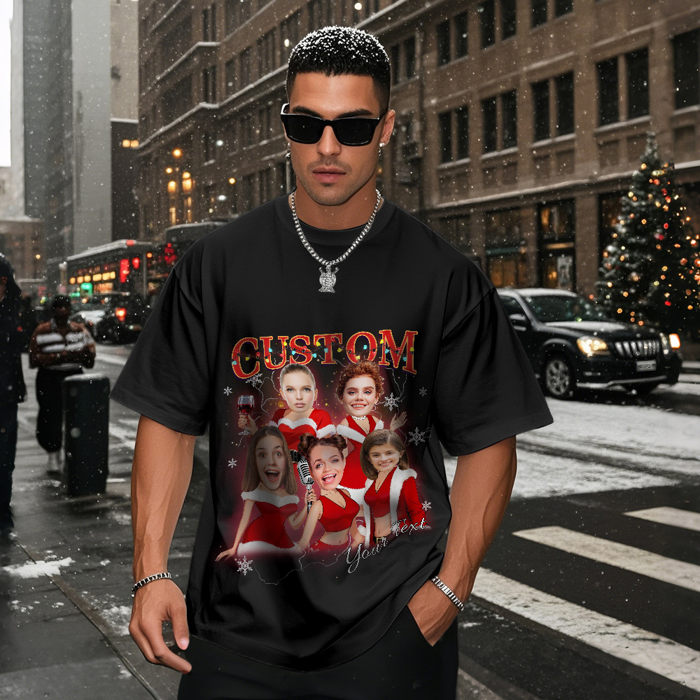 Camiseta Navideña Vintage Personalizada Con Foto, Diseño De Papá Noel Con Luces, Divertida Y Perfecta Como Regalo Para Familiares Y Amigos.