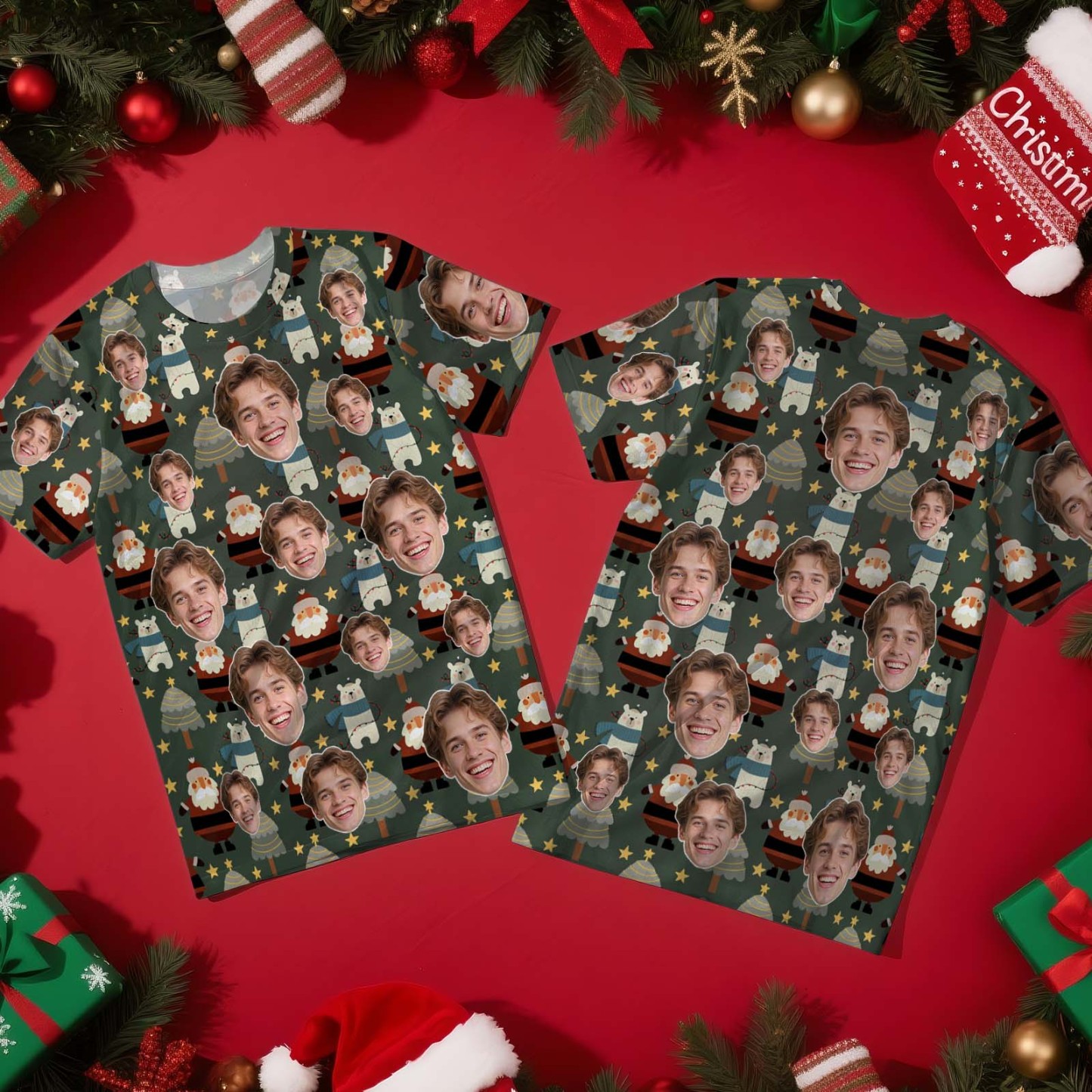 Camiseta Navideña Personalizada Con Foto De Papá Noel Con Copos De Nieve Rojos. Camiseta Navideña Personalizada Para Familiares, Amigos Y Parejas. Regalo De Navidad. - MyFaceSocksES