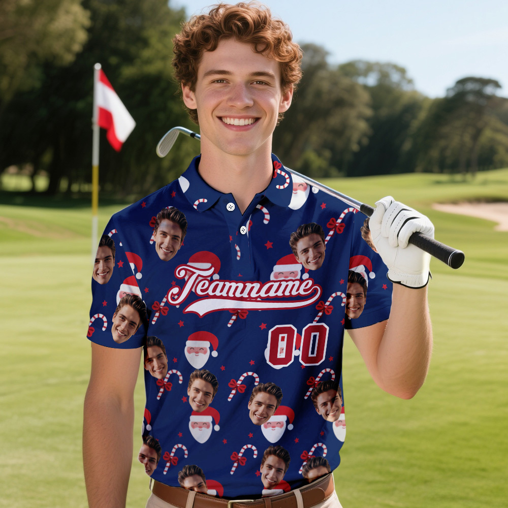 Polo De Golf De Alto Rendimiento Con Cara Y Texto Personalizados De Papá Noel Azul Navideño - MyFaceSocksES