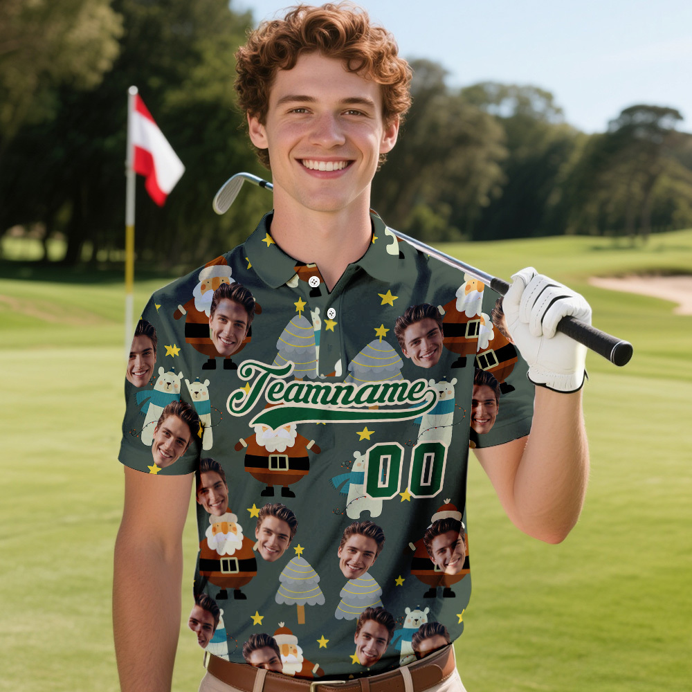 Polo De Golf De Alto Rendimiento Con Copos De Nieve En Rojo Oscuro Y Cara Y Texto Personalizados De Papá Noel Navideño - MyFaceSocksES