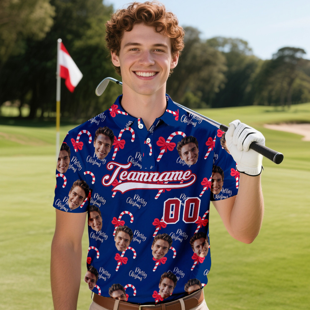 Polo De Golf De Alto Rendimiento Con Cara Y Texto Personalizados De Papá Noel Azul Navideño - MyFaceSocksES