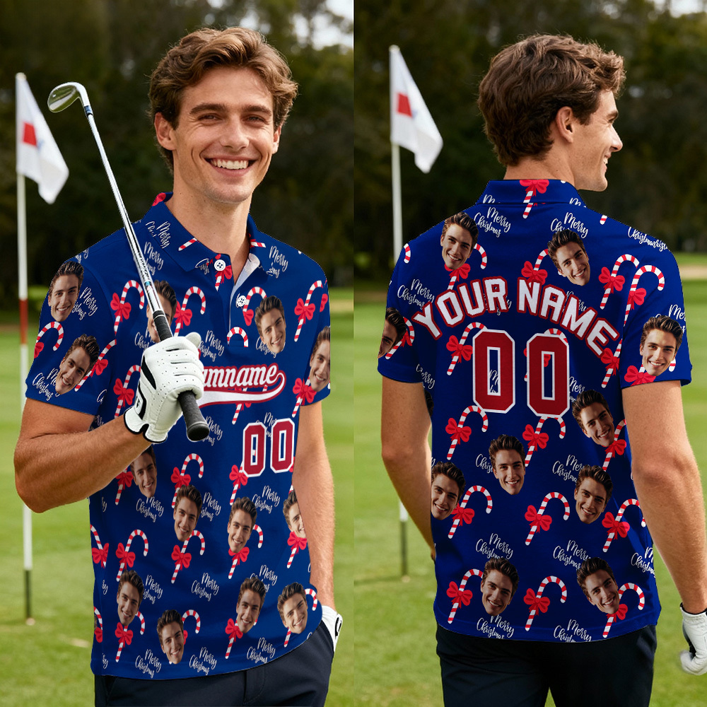 Polo De Golf De Alto Rendimiento Con Cara Y Texto Personalizados De Papá Noel Azul Navideño - MyFaceSocksES