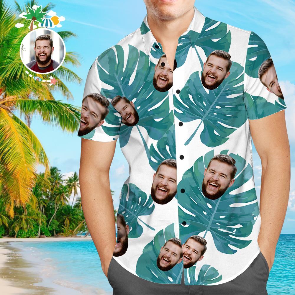 Camisa Hawaiana Personalizada Con Cara De Perro Camisas Tropicales Personalizadas Camisa De Playa Con Hojas Verdes - MyFaceSocksES