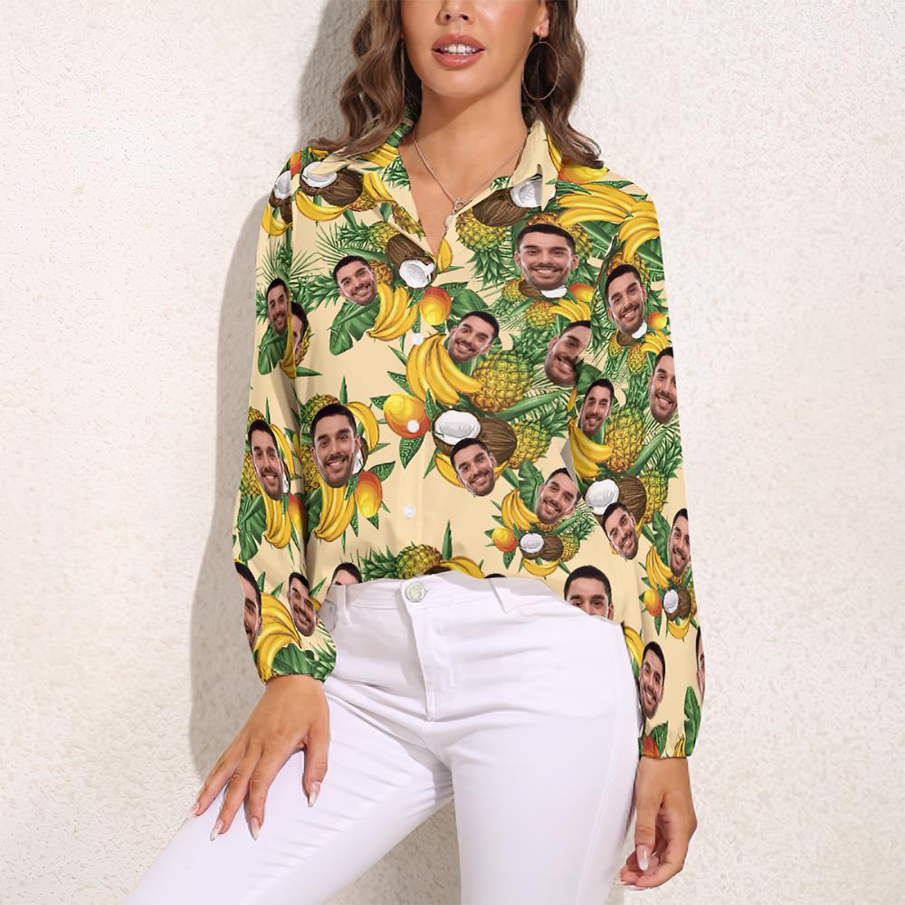Camisas Hawaianas Personalizadas Con Cara De Mascota, Camisas Hawaianas De Manga Larga Con Frutas Tropicales Para Mujer - MyFaceSocksES