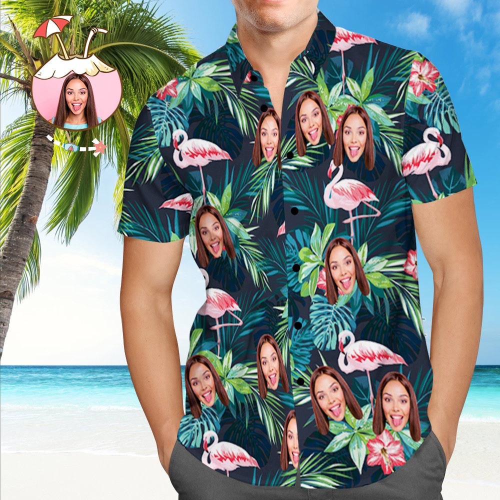 Camisa Hawaiana Personalizada Con Cara Camisa Personalizada Con Cara De Perro Camisas Hawaianas Con Hojas Y Flamencos - MyFaceSocksES
