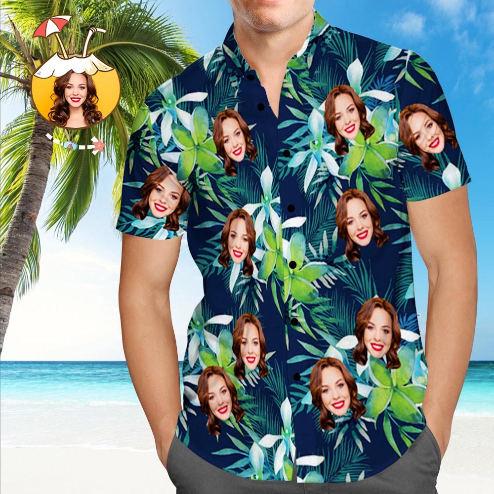 Camisa Hawaiana Personalizada Con Cara Camisas Tropicales Personalizadas Con Cara De Perro Hojas - MyFaceSocksES