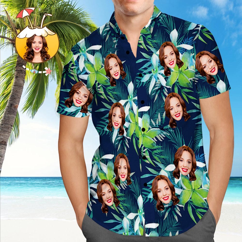 Camisa Hawaiana Personalizada Con Cara Camisa Hawaiana Personalizada Con Cara De Perro Hojas Camisas Tropicales - MyFaceSocksES