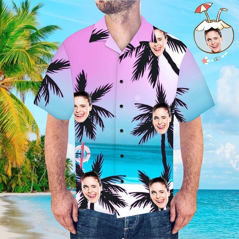 Camisa Hawaiana Personalizada Camisa Hawaiana Con Cara Personalizada Camisas Con Botones De Árboles De Coco - MyFaceSocksES