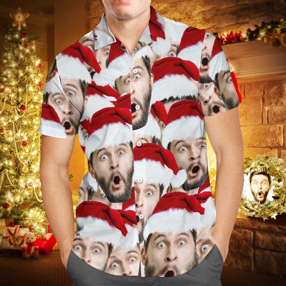 Camisa Facial Personalizada Foto Personalizada Camisa Hawaiana Para Hombre Regalo De Navidad - Santa Face Mash - CalzoncillosfotoES