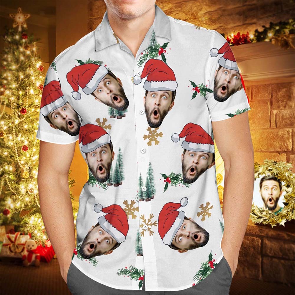 Cara Personalizada Camisa Hawaiana Navide?a Personalizada Tu Cara Con Gorro De Pap¨¢ Noel - CalzoncillosfotoES