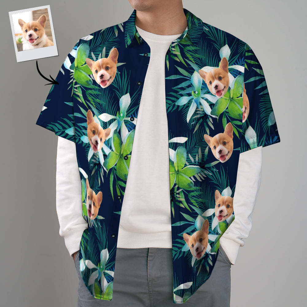 Camisa Hawaiana Personalizada Con Cara Camisa Hawaiana Personalizada Con Cara De Perro Hojas Camisas Tropicales - MyFaceSocksES