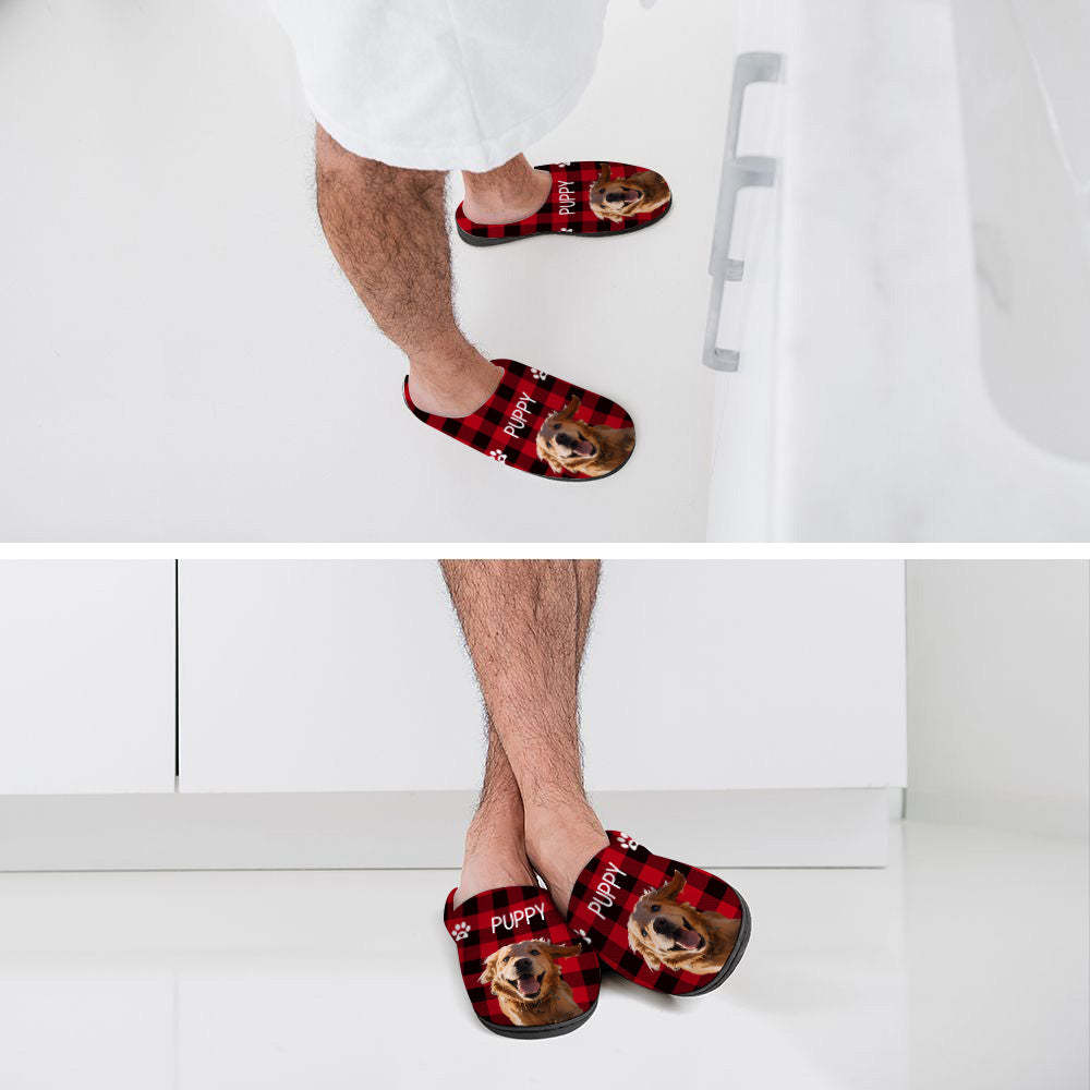 Zapatillas Personalizadas Con Foto Y Nombre Para Hombre Y Mujer Con Huella, Zapatillas Informales Rojas Personalizadas De Algodón Para Casa, Regalo De Navidad Para Amantes De Las Mascotas - MyFaceSocksES