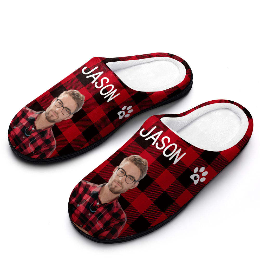 Zapatillas Personalizadas Con Foto Y Nombre Para Hombre Y Mujer Con Huella, Zapatillas Informales Rojas Personalizadas De Algodón Para Casa, Regalo De Navidad Para Amantes De Las Mascotas - MyFaceSocksES