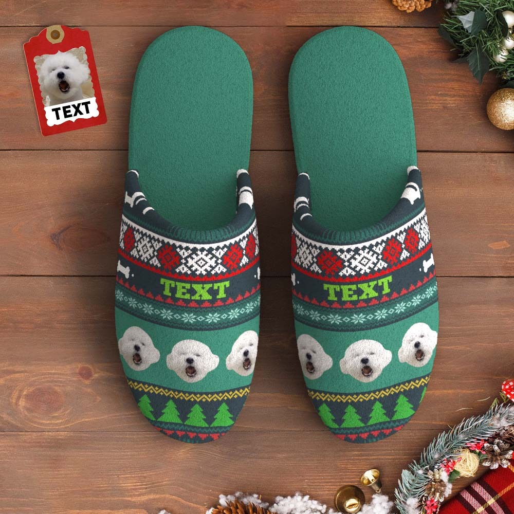 Pantuflas De Hombre Y Mujer Con Cara Y Texto Personalizados, Zapatos De Casa Informales Para Mascotas Personalizados, Pantuflas De Algodón Navideñas Para Dormitorio Interior Y Exterior - MyFaceSocksES