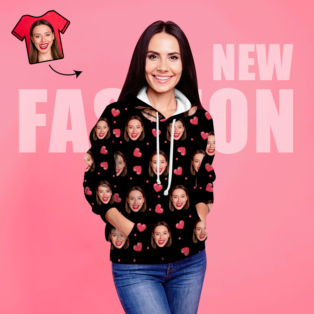 Cara Personalizada Sudadera Con Capucha Unisex Foto Impresa Casual Sudadera Con Capucha Negra Para Hombres Mujeres - Corazón - MyFaceSocksES