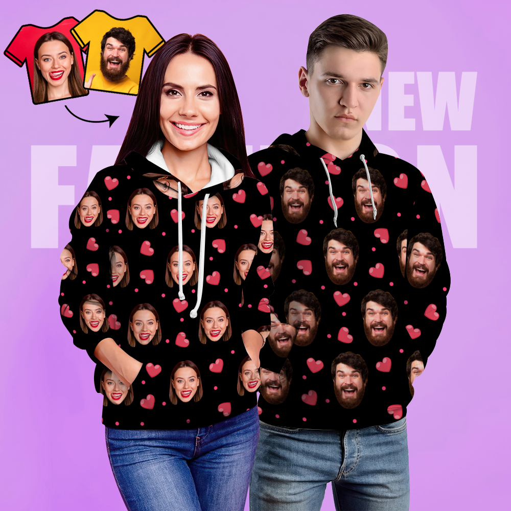 Cara Personalizada Sudadera Con Capucha Unisex Foto Impresa Casual Sudadera Con Capucha Negra Para Hombres Mujeres - Corazón - MyFaceSocksES