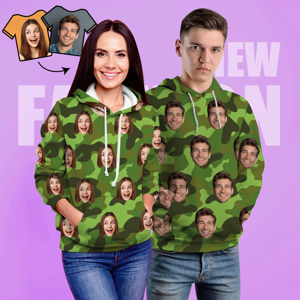 Cara Personalizada Sudadera Con Capucha Unisex Impreso Foto Sudadera Con Capucha Verde Para Hombres Mujeres - Camuflaje - MyFaceSocksES