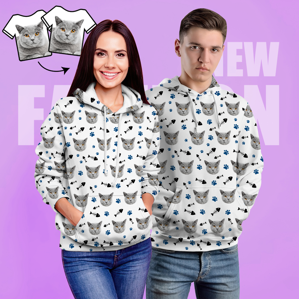 Cara Personalizada Sudadera Con Capucha Unisex Foto Impresa Casual Sudadera Con Capucha Blanca Para Hombres Mujeres - Gatito Gato - MyFaceSocksES