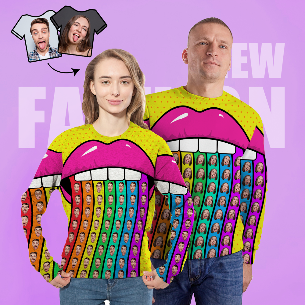 Cara Personalizada Sudadera Unisex Casual Impreso Foto Cuello Redondo Camisa Para Hombres Mujeres - Rainbow Lips - MyFaceSocksES