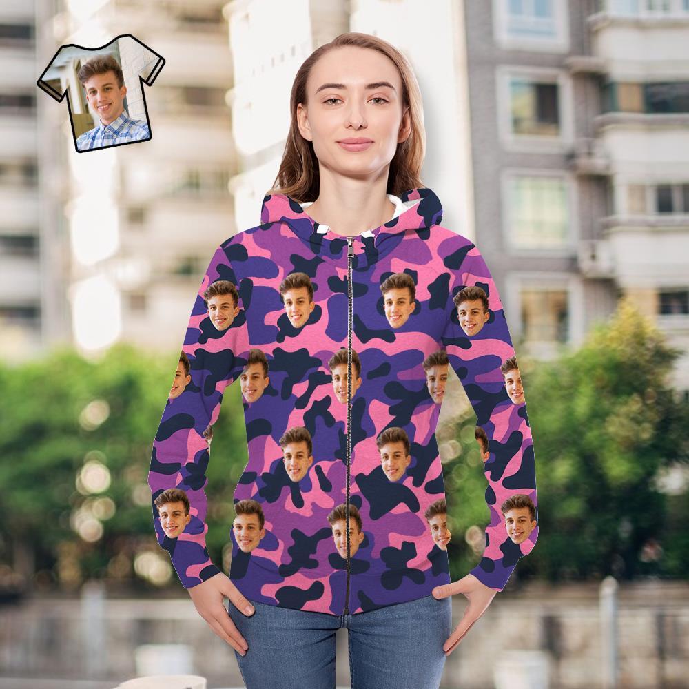 Cara Personalizada Unisex Sudadera Con Capucha Casual Impreso Púrpura Camuflaje - MyFaceSocksES