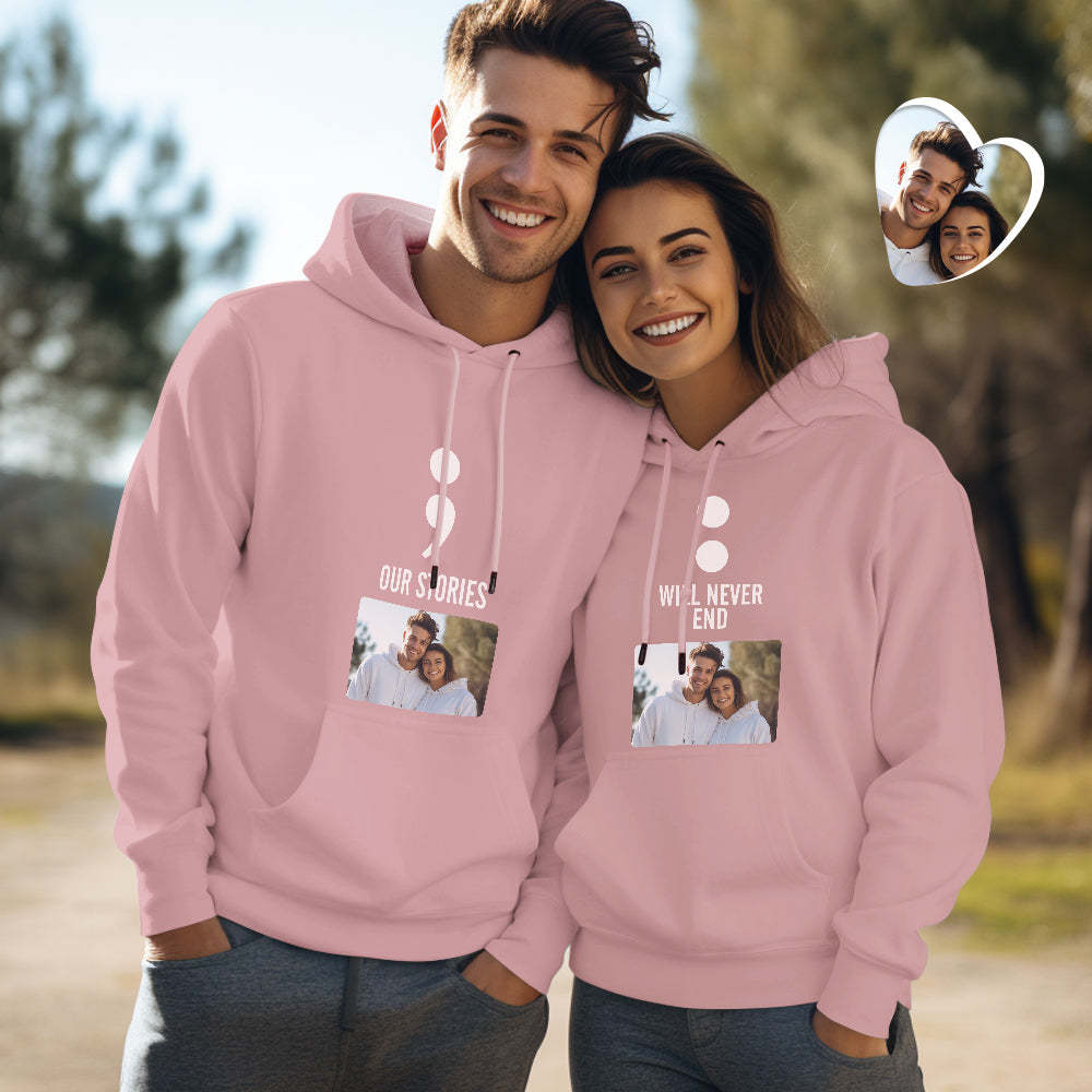 Foto Personalizada Divertida Pareja Sudaderas Con Capucha A Juego Nuestras Historias Nunca Terminarán Sudadera Con Capucha Personalizada Regalo Del Día De San Valentín - MyFaceSocksES