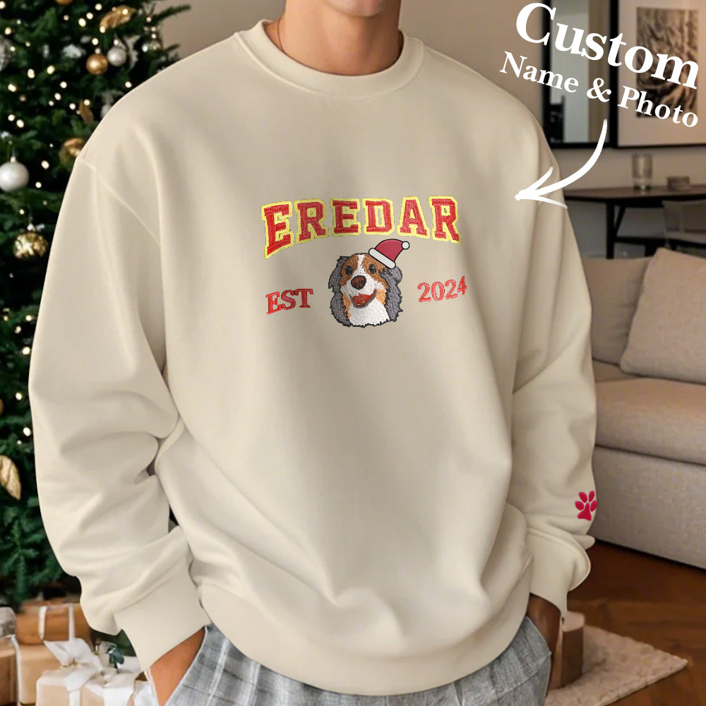 Sudadera Bordada Personalizada Con Efecto De Bordado De Regalos De Navidad Con Retrato De Mascota - MyFaceSocksES