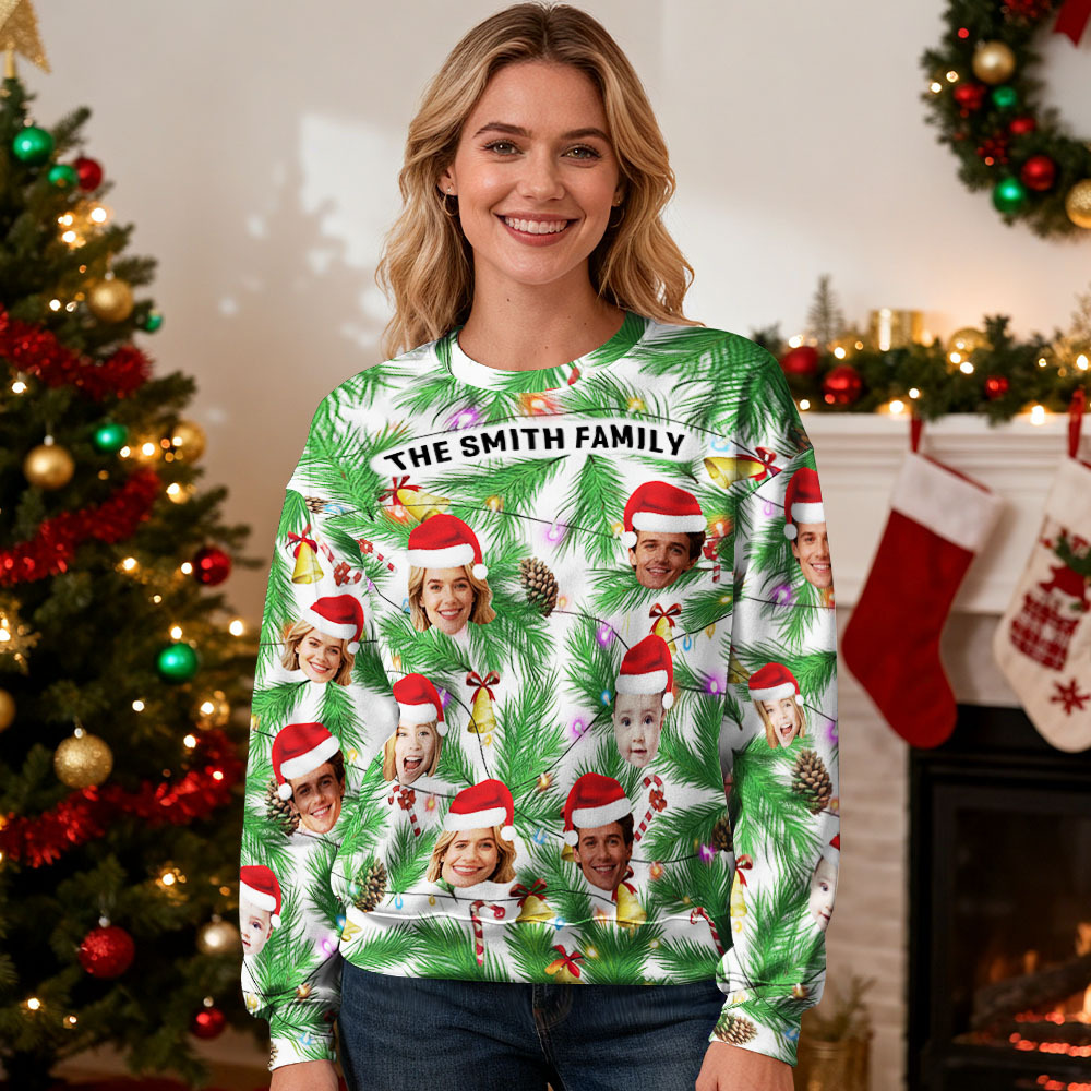 Sudadera Con Capucha Y Cuello Redondo Personalizada Con Foto, Regalo Ideal Para La Familia, Con Forma De Bombilla Navideña. - MyFaceSocksES