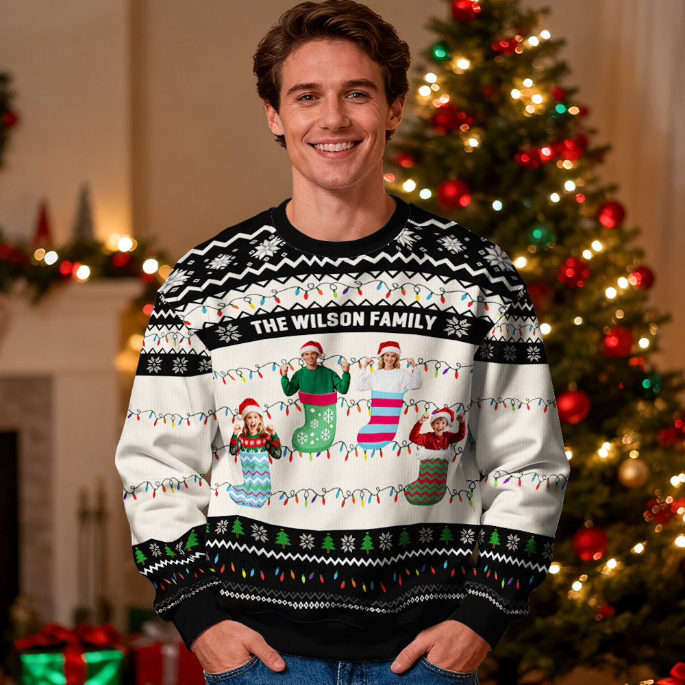 Sudadera Con Capucha De Cuello Redondo Personalizada Con Foto Personalizada, Regalo Navideño Rojo Para La Familia, Suéter Feo Con Luces Led De Navidad, Sudadera Unisex. - MyFaceSocksES