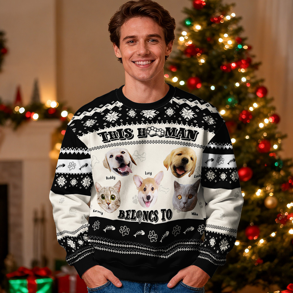 Sudadera Con Capucha De Cuello Redondo Personalizada Con Foto Personalizada, Color Negro, Ideal Como Regalo De Navidad Para La Familia, Con Cara De Mascota, Luces Led Navideñas, Unisex. - MyFaceSocksES