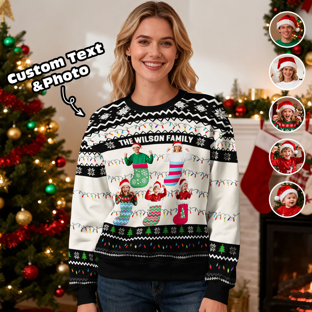 Sudadera Con Capucha De Cuello Redondo Personalizada Con Foto Personalizada, Regalo Navideño Rojo Para La Familia, Suéter Feo Con Luces Led De Navidad, Sudadera Unisex. - MyFaceSocksES