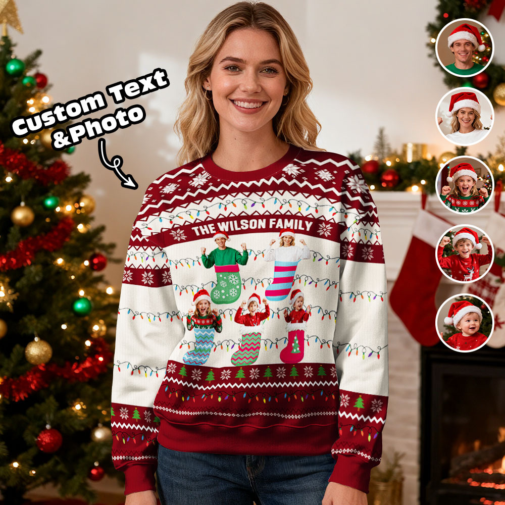 Sudadera Con Capucha De Cuello Redondo Personalizada Con Foto Personalizada, Regalo Navideño Rojo Para La Familia, Suéter Feo Con Luces Led De Navidad, Sudadera Unisex. - MyFaceSocksES