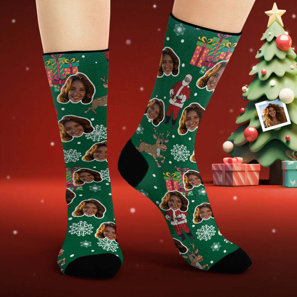 Calcetines Cara Personalizados Foto Personalizada Calcetines Verdes Papá Noel Y Regalos Feliz Navidad - MyFaceSocksES