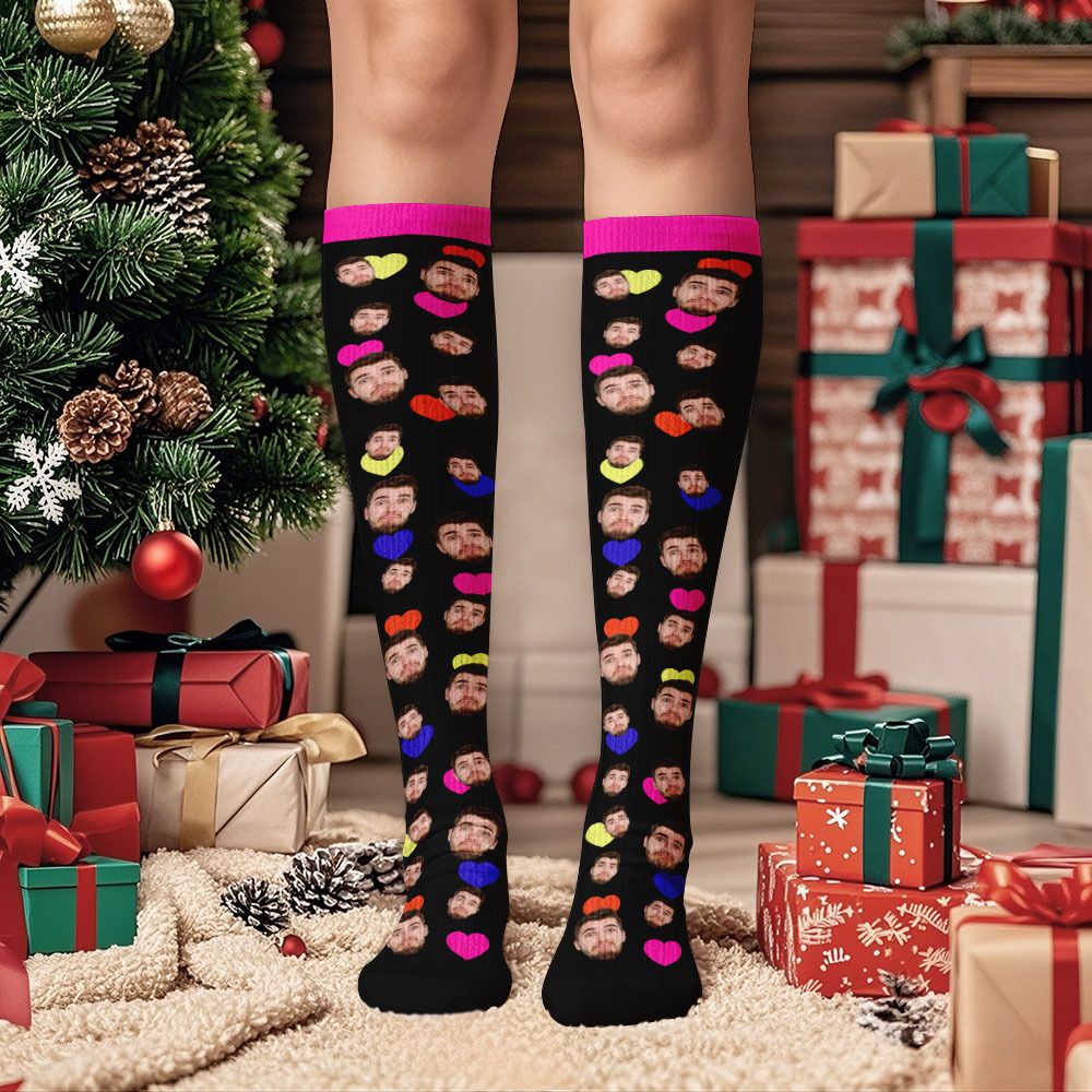 Calcetines Personalizados Hasta La Rodilla Con Cara, Calcetines Personalizados, Calcetines De Invierno De Feliz Navidad - MyFaceSocksES