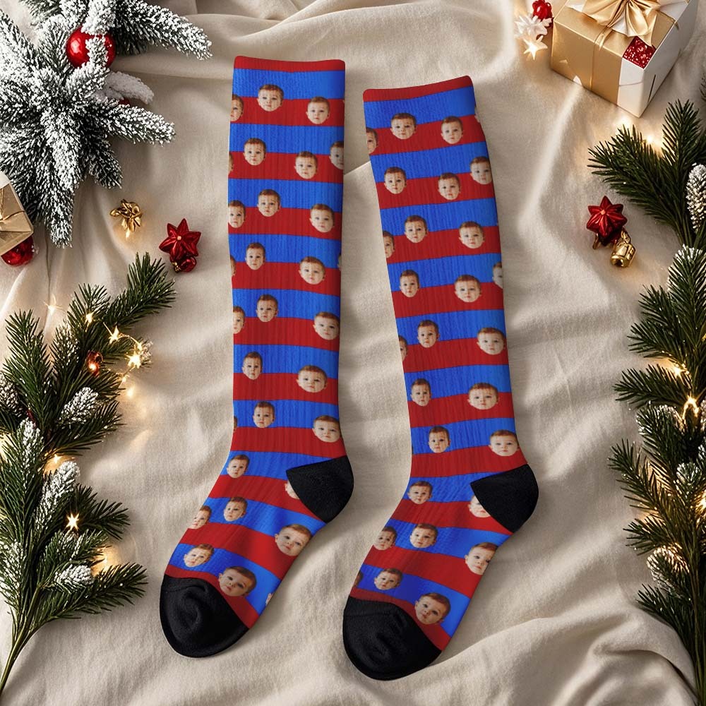 Calcetines Personalizados Hasta La Rodilla Con Cara, Calcetines Personalizados, Calcetines De Invierno De Feliz Navidad - MyFaceSocksES