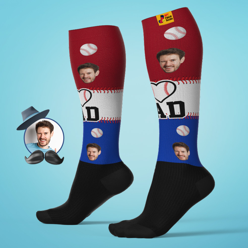 Calcetines De Compresión Transpirables Hasta La Rodilla Personalizados Para El Día Del Padre. Vista Previa En Línea. Agregar Imagen. Jugar. Calcetines De Béisbol Degradados Azules. Regalo. - MyFaceSocksES