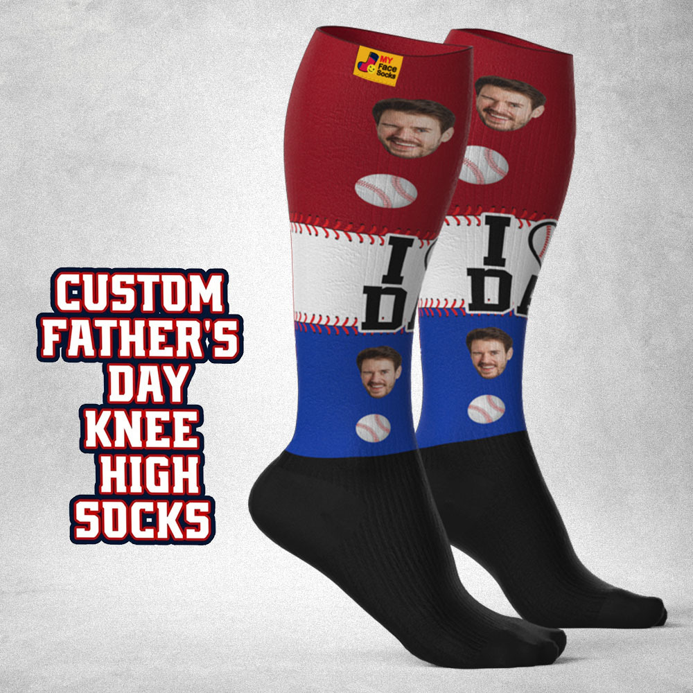 Calcetines De Compresión Transpirables Hasta La Rodilla Personalizados Para El Día Del Padre. Vista Previa En Línea. Agregar Imagen. Jugar. Calcetines De Béisbol Degradados Azules. Regalo. - MyFaceSocksES