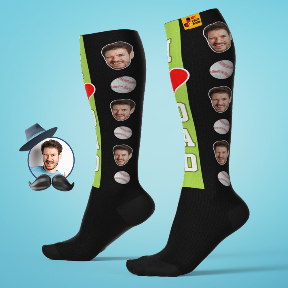 Calcetines De Compresión Transpirables Hasta La Rodilla Personalizados Para El Día Del Padre. Vista Previa En Línea. Agregar Imagen. Calcetines De Béisbol Verdes. Regalo.