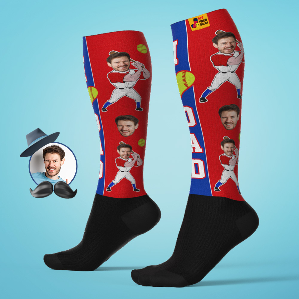 Calcetines De Compresión Transpirables Hasta La Rodilla Personalizados Para El Día Del Padre. Vista Previa En Línea. Agregar Imagen. Jugar. Calcetines De Béisbol Degradados Azules. Regalo. - MyFaceSocksES