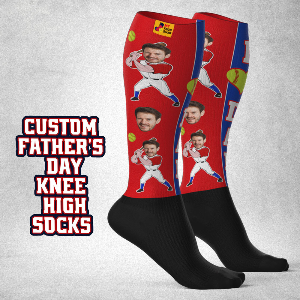 Calcetines De Compresión Transpirables Hasta La Rodilla Personalizados Para El Día Del Padre. Vista Previa En Línea. Agregar Imagen. Jugar. Calcetines De Béisbol Degradados Azules. Regalo. - MyFaceSocksES