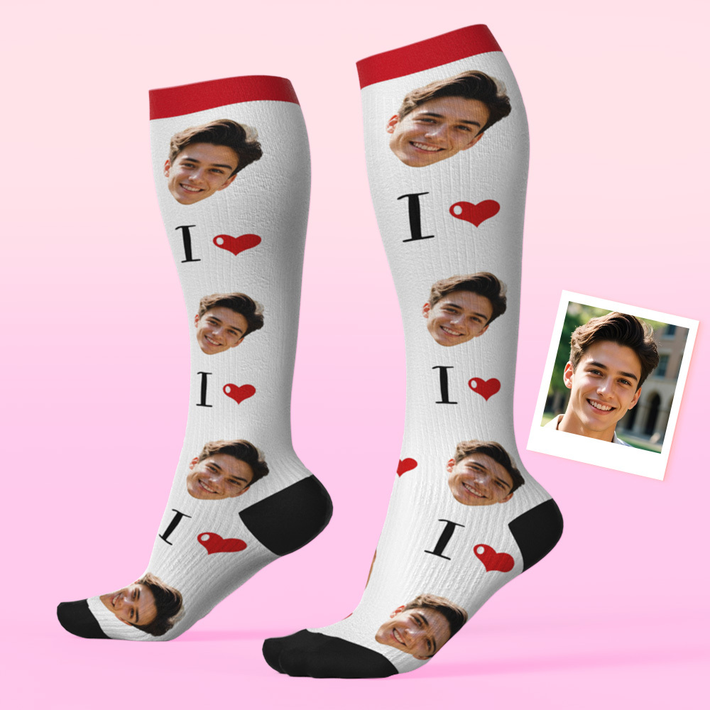 Calcetines De Compresión Facial Personalizados Calcetines Hasta La Rodilla Personalizados Me Encantan Los Calcetines Hasta La Rodilla De Colores - MyFaceSocksES