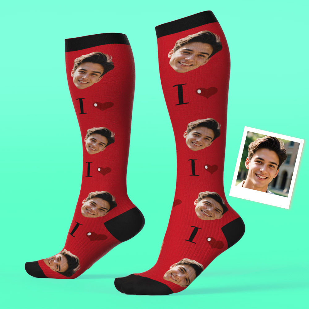 Calcetines De Compresión Facial Personalizados Calcetines Hasta La Rodilla Personalizados Me Encantan Los Calcetines Hasta La Rodilla De Colores - MyFaceSocksES