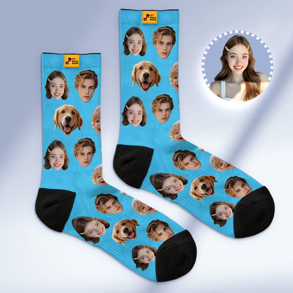 Calcetines Personalizados Con Caras, Calcetines Personalizados Con Foto De Caras, Azul Oscuro, Divertidos Calcetines Familiares Con Foto. - MyFaceSocksES