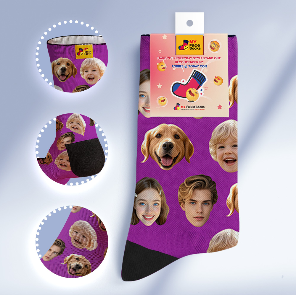 Calcetines Personalizados Con Caras, Calcetines Morados Personalizados Con Foto, Regalo Divertido, Calcetines Familiares Con Foto